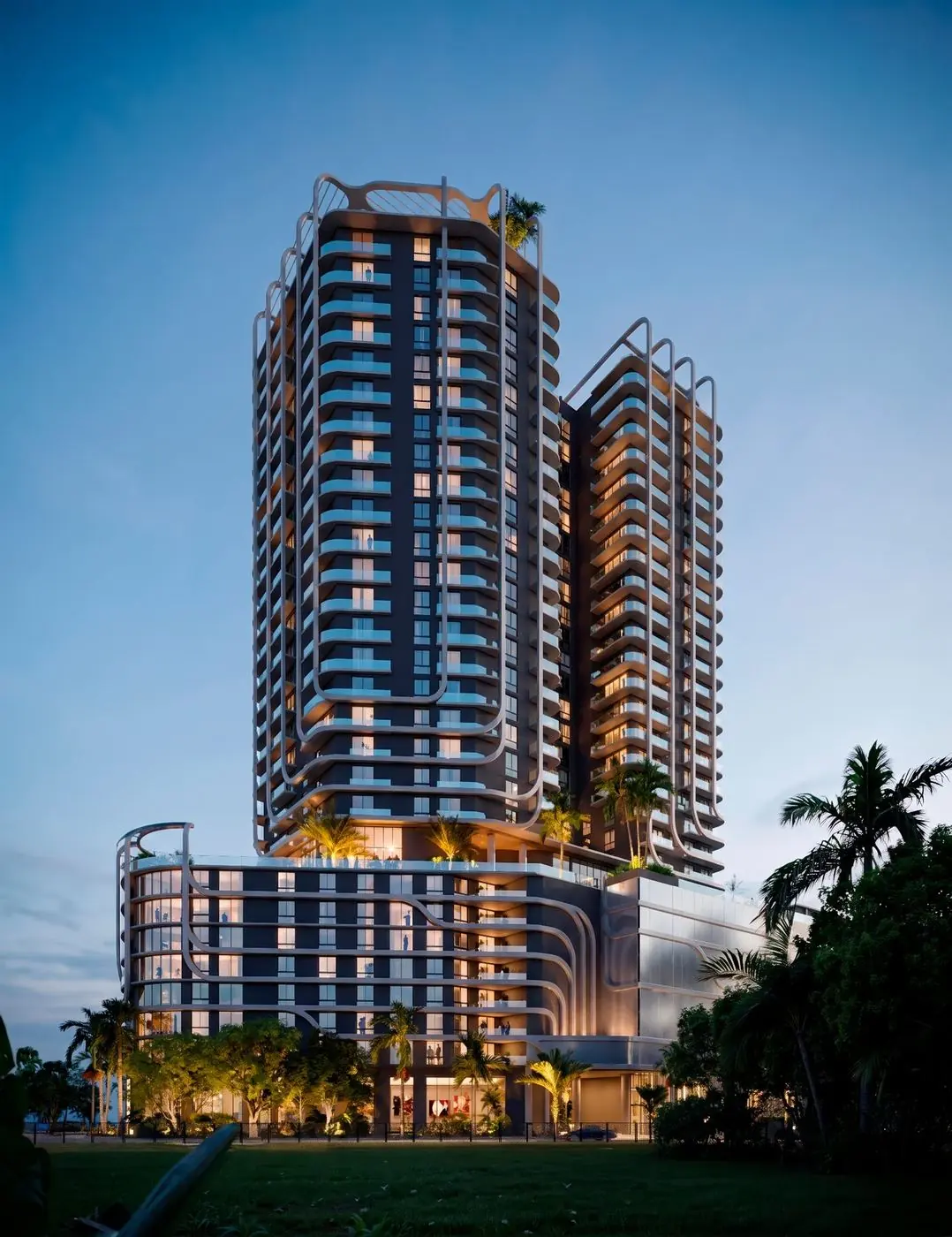 Parametric Tower exterior by night, Plan B render
