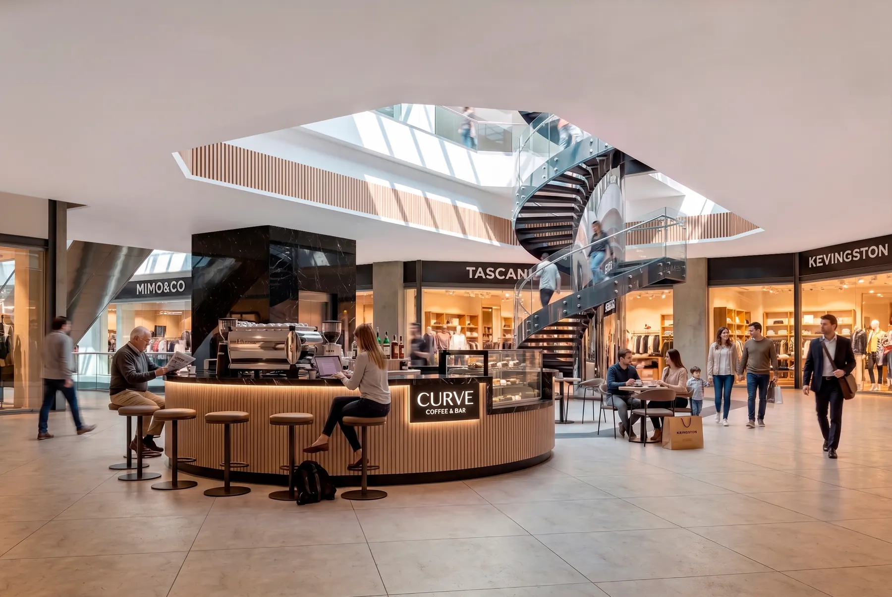 Shopping Mall atrium staircase with spiral stairs and pendant lighting, Plan A render