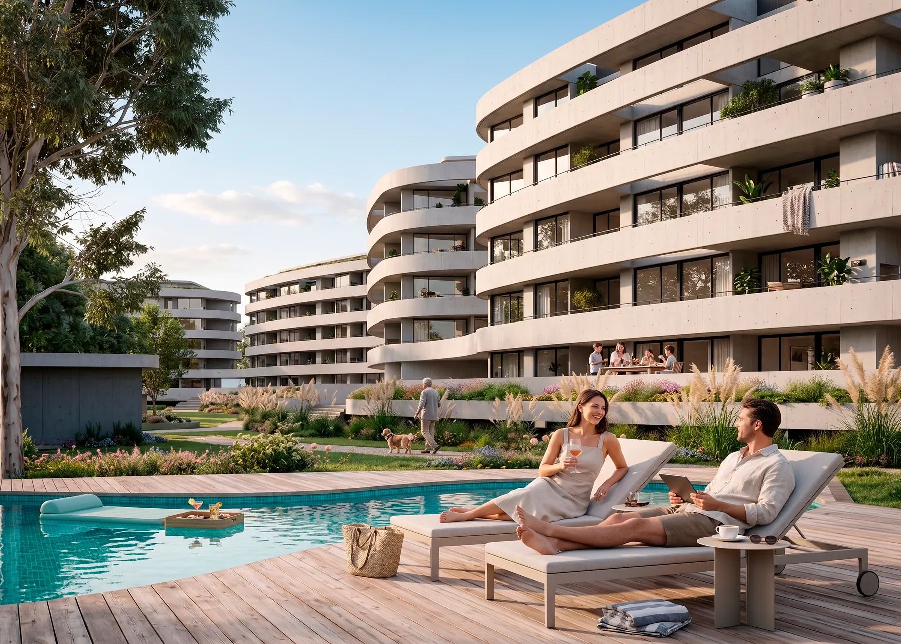Canning Development pool terrace with residential building, Plan A render